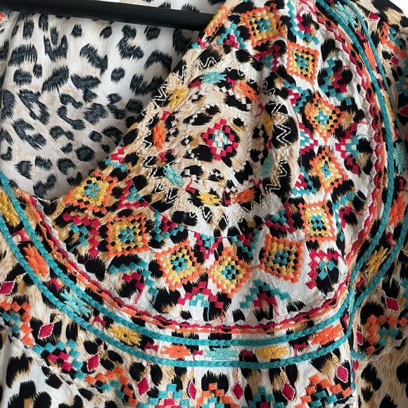 Savanna Jane Women Top S/M Leopard Print Embroidered Southwest Boho Lagenlook - Picture 5 of 13